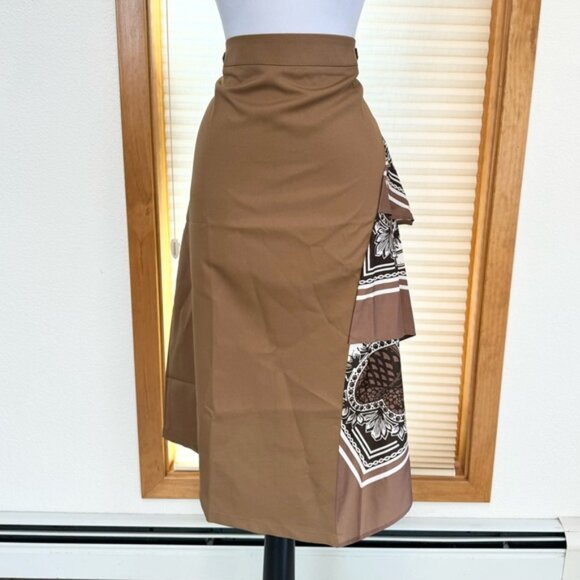 NEW Avant Garde Layered Scarf Asymmetrical Midi Skirt L Posh Preppy Brown - Picture 7 of 8